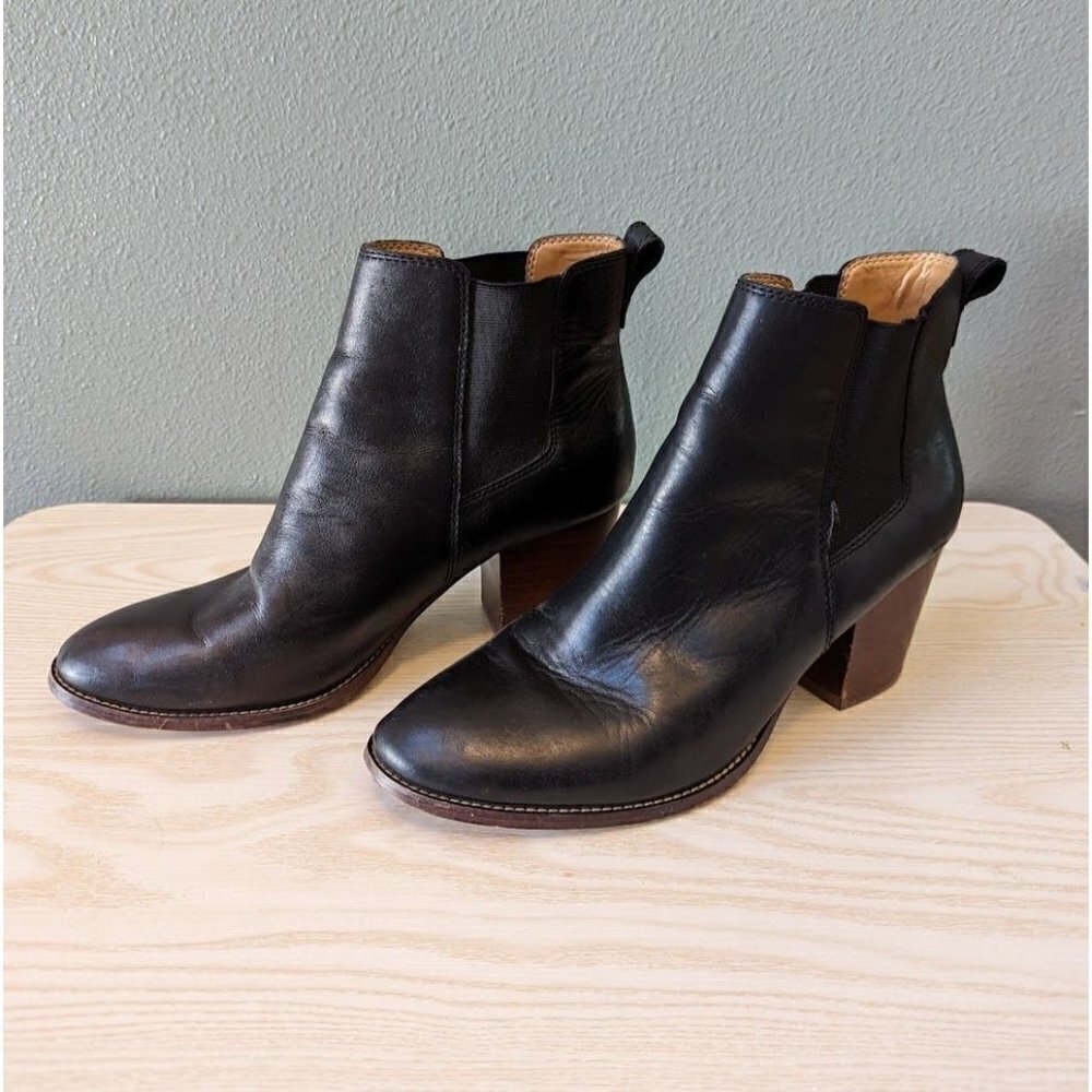 J. Crew Factory Black Leather Block Heel Ankle Boots